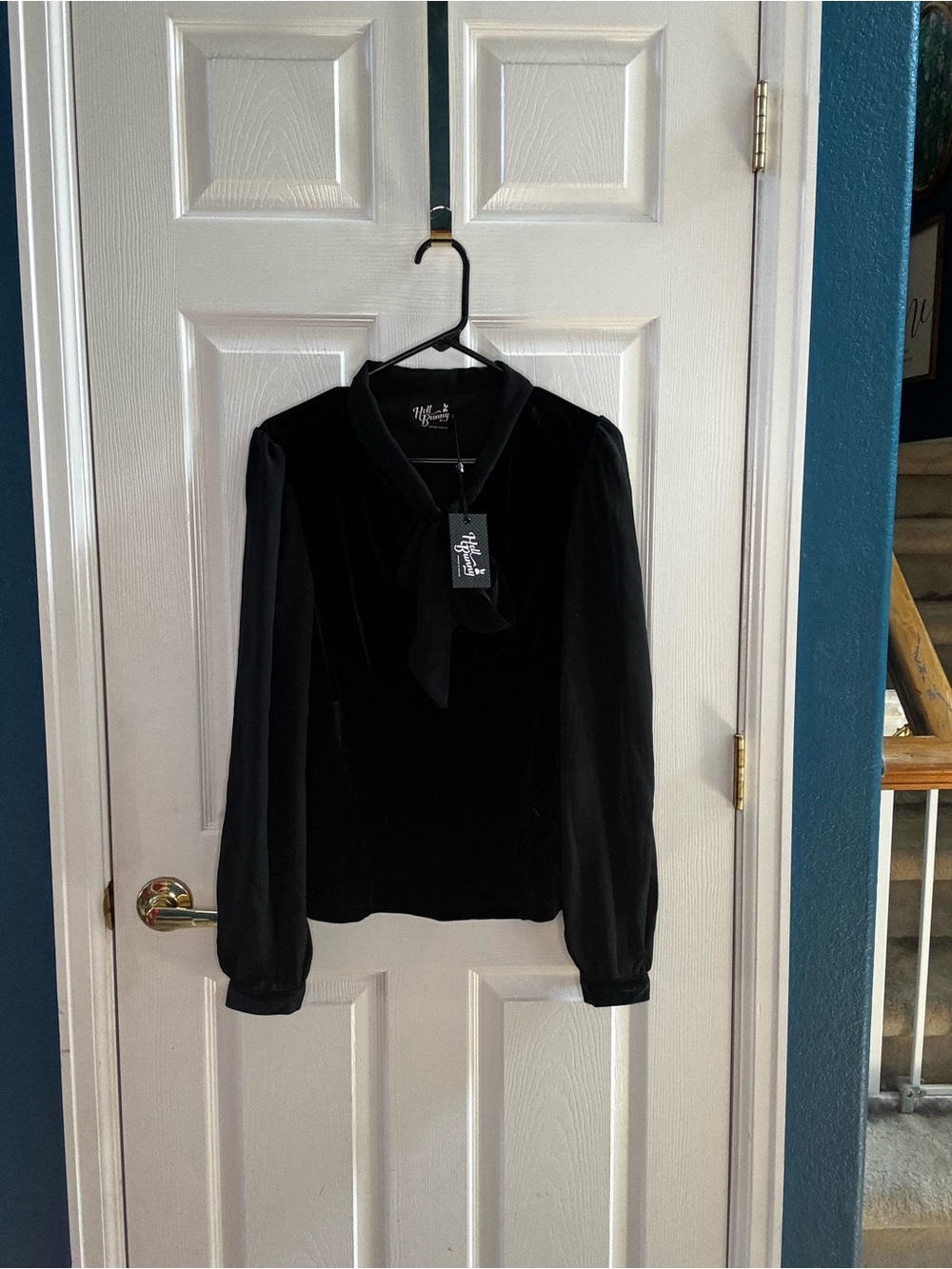 Hell Bunny Black Velvet Bow-Neck Long Sleeve Blouse